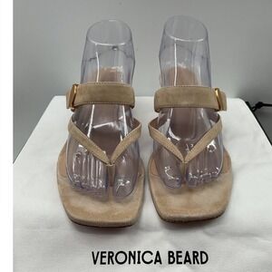 Veronica Beard Salva Kitten Heel Sandal Beige Suede Thong Sandals Square Toe 8.5